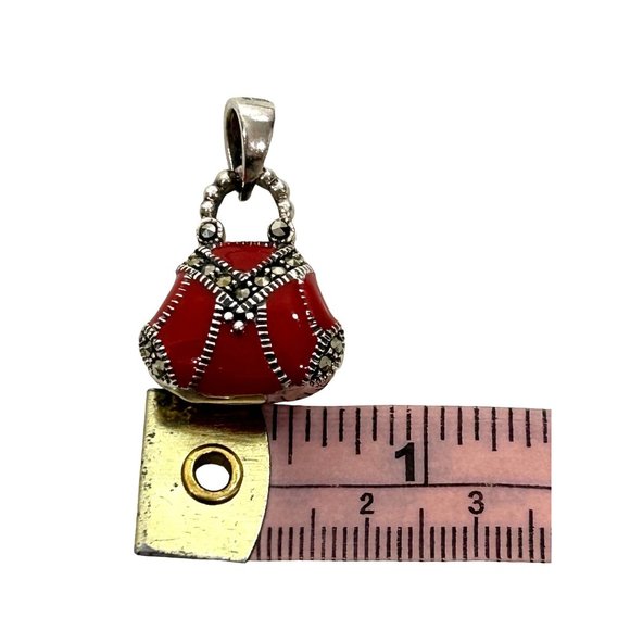 Women’s Pendant Red Enamel Purse Sterling Silver 925 Vintage Marcasite Stones - Picture 14 of 15
